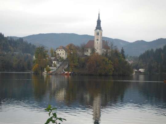 The island church on Lake Bled, the only island in Slovenia.