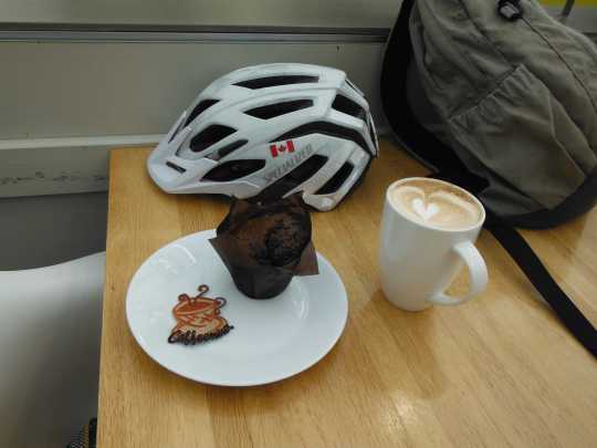 Latte and a chocolatey muffin on a cool day.